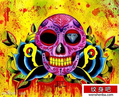 权威个性的一张欧美彩色骷髅纹身手稿