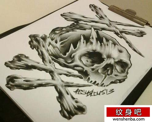 一张时髦时髦的骷髅与骨头纹身