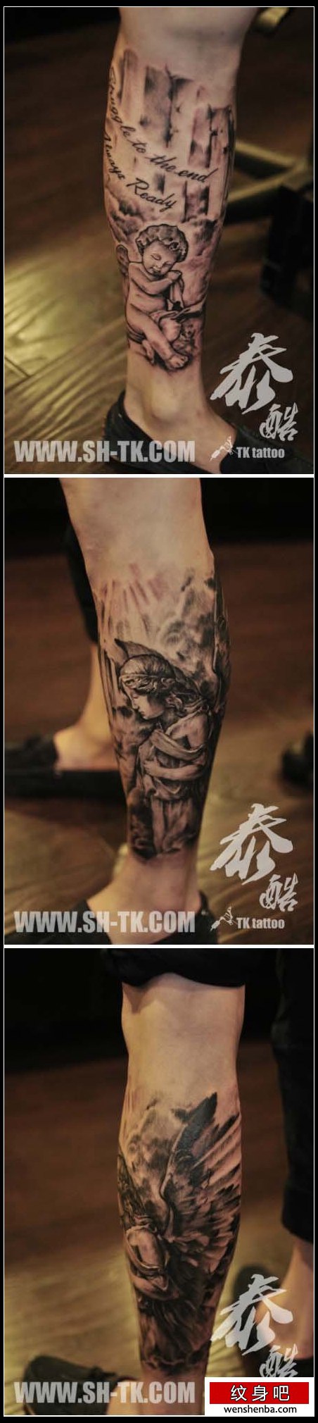 腿部权威个性的黑灰天使纹身