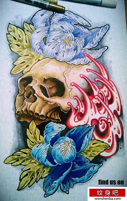 时髦权威的一张彩色骷髅牡丹纹身手稿