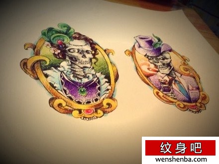 个性时髦的一张情侣骷髅纹身手稿