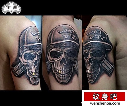 手臂黑灰一张欧美骷髅纹身
