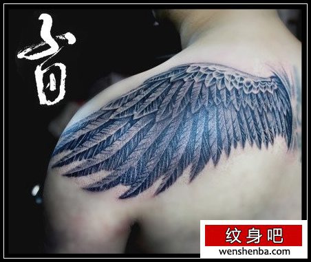 男性后肩背时髦很帅的黑灰翅膀纹身