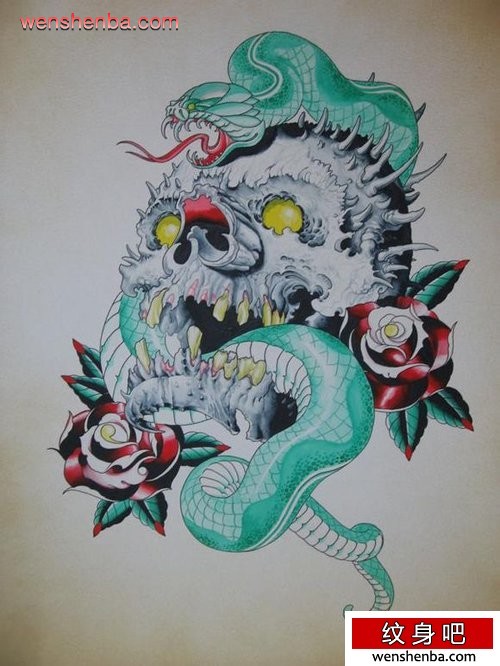时髦个性的骷髅蛇纹身手稿