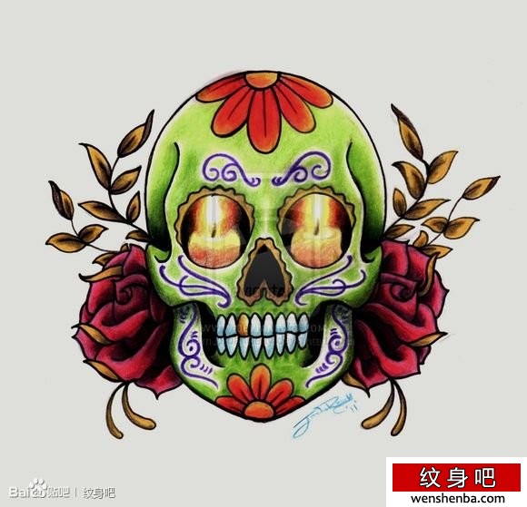 时髦好看的彩色骷髅纹身手稿
