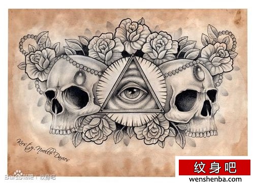 个性很帅的一张上帝之眼骷髅纹身手稿