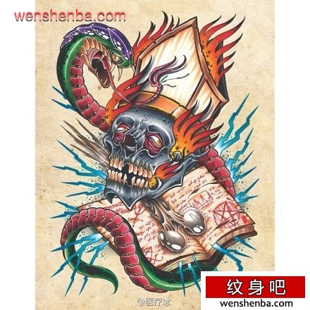 时髦很帅的一张骷髅与蛇纹身