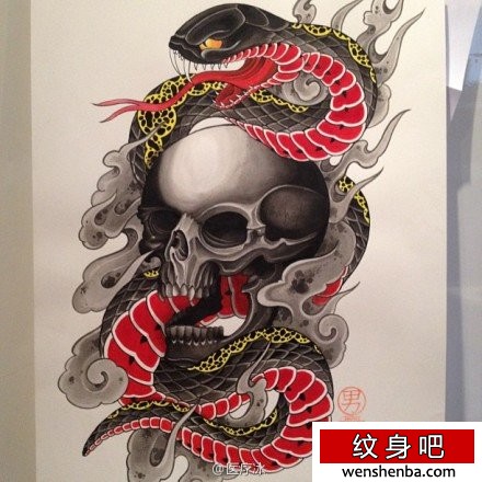 权威帅气的蛇与骷髅纹身手稿