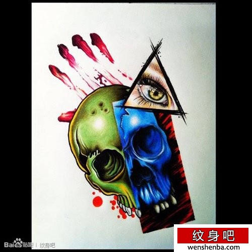 个性很帅的一张彩色骷髅纹身手稿
