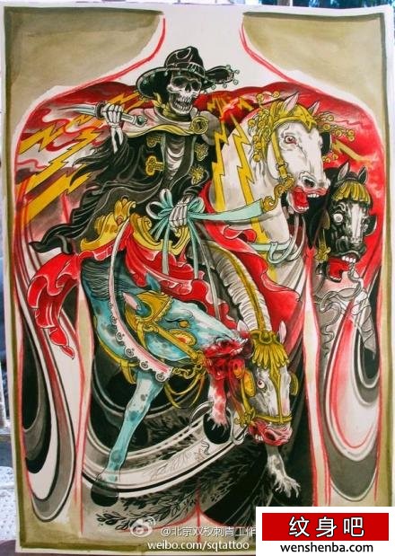 个性时髦的满背骷髅骑士纹身