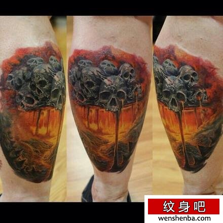 腿部超酷很帅的骷髅纹身
