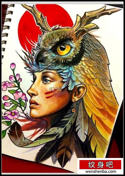 介绍一张漂亮的欧美猫头鹰纹身手稿